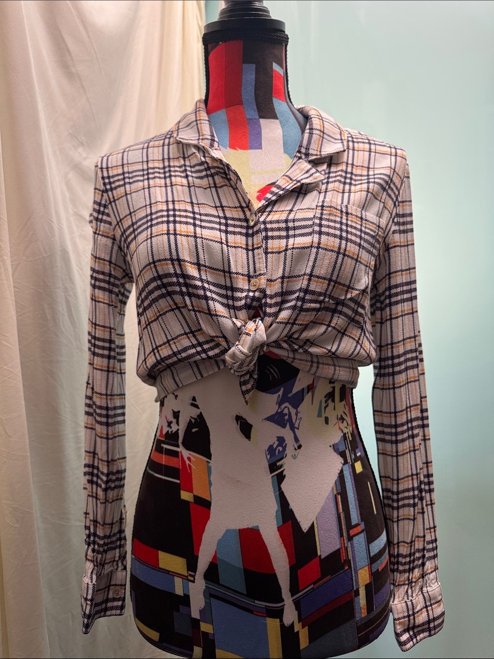 Wilfred Beige Plaid Button-Down Shirt with Front Knot